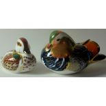 Two x Royal Crown Derby paperweights MANDARIN DUCK and BAKEWELL DUCKLING: Gold stoppers,
