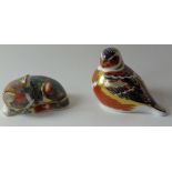 Two x Royal Crown Derby paperweights CATNIP KITTEN (Collectors Guild) & Sinclairs Chaffinch: