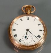 9ct gold gents pocket watch: Keyless movement in ticking order. Gross weight 81.5g. 50mm diameter.