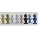 A collection of various coloured Wedgwood Jasperware busts of Female form: Eight different pieces,