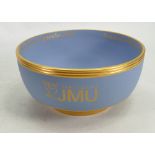 Wedgwood blue Jasper gilded presentation bowl: Liverpool LMU , diameter 20cm.