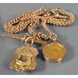 9ct Victorian Rose gold double Albert chain with gold medal and HALF Sovereign: Dated 1911,