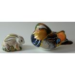 Two x Royal Crown Derby paperweights MANDARIN DUCK and BABY ROWSLEY RABBIT: Gold stoppers,