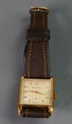 Helvetia Gentlemans square wristwatch in rolled gold case: The back inscribed and dated 1953 with