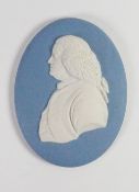 Wedgwood solid pale blue Jasper portrait medallion of Benjamin Franklin: c1920, h11.5cm.