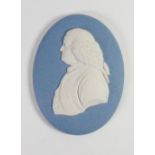 Wedgwood solid pale blue Jasper portrait medallion of Benjamin Franklin: c1920, h11.5cm.