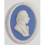 Wedgwood solid pale blue Jasper portrait medallion of Dr Joseph Preistly: c1931, h11.2cm.