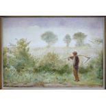 J.W.N???? 1922 A.R.A English School oil painting: On canvas of a farmer with scythe, 90 x 72cm.