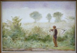 J.W.N???? 1922 A.R.A English School oil painting: On canvas of a farmer with scythe, 90 x 72cm.