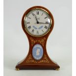 Mahogany Inlaid Balloon Clock: by Comitti of London featuring a Wedgwood oval plaque, height 26cm.