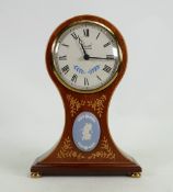 Mahogany Inlaid Balloon Clock: by Comitti of London featuring a Wedgwood oval plaque, height 26cm.