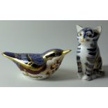 Two x Royal Crown Derby paperweights BLUE KITTEN (gold stopper) and NUTHATCH (silver stopper): No