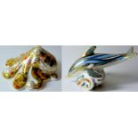 Two Royal Crown Derby paperweights STRIPED DOPLHIN and OCTOPUS: Gold stoppers, certificates,