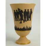 Wedgwood yellow and black Jasperware vase: Gilded & decorated with golfers for the 1999 NEC