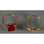 9ct ladies dress rings: One set with diamonds, size R and the other with square red stone: size M,