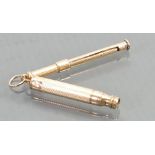 9ct gold cased hallmarked Cigar pricker: Together with plated propelling pencil (2).