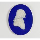 Wedgwood dark blue dipped Jasper portrait medallion of John Wesley: c1820, h10.2cm.