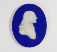 Wedgwood dark blue dipped Jasper portrait medallion of John Wesley: c1820, h10.2cm.