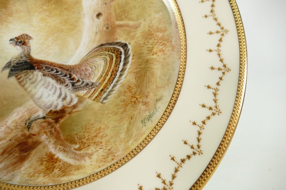 Royal Doulton gilded cabinet plate hand painted with Ruffed Grouse by J Birbeck Senior: Diameter