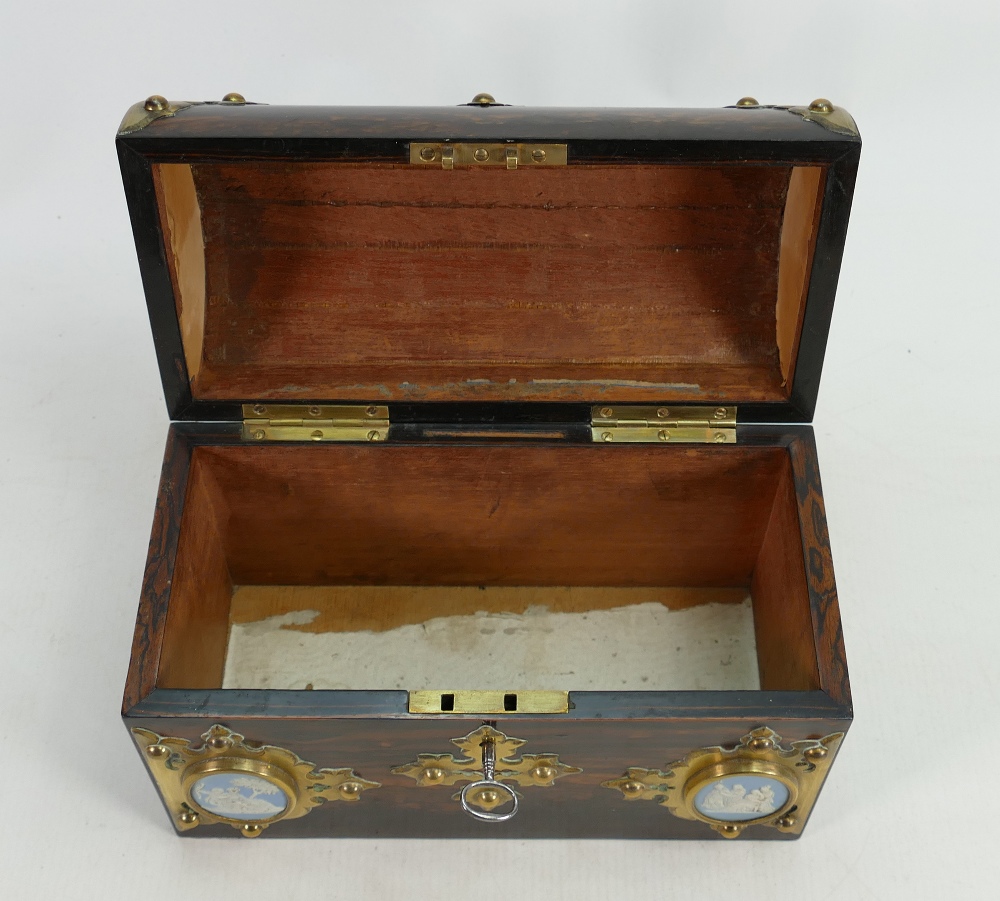 19th century Rosewood Tea caddy with brass mounts and 3 Wedgwood roundels: Lacking interior. - Image 4 of 5