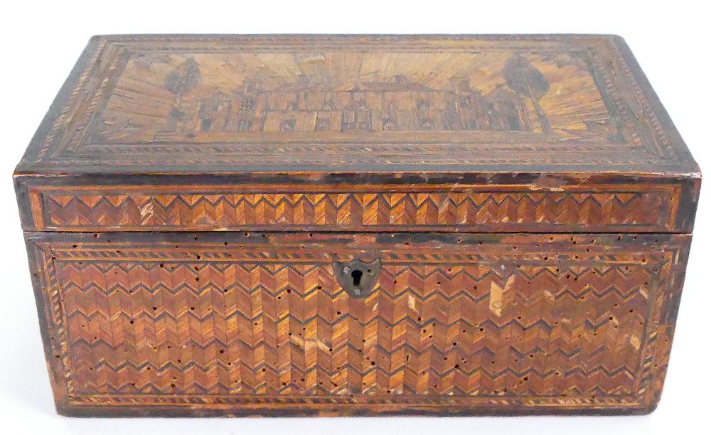 Early 19th century straw work tea caddy: Some extensive old woodworm damage to front & side panel.