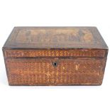 Early 19th century straw work tea caddy: Some extensive old woodworm damage to front & side panel.