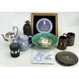 A collection of Wedgwood items: Comprising Hotel Award plaque, Sandemans Port decanter,