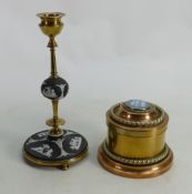 Wedgwood black & brass candlestick: Together with brass box & cover.