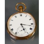 9ct gold hallmarked gents open face pocket watch: Not working, 48mm wide, gross weight 80.2g.