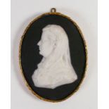 Wedgwood black dipped Jasper portrait medallion of Baroness Mayer De Rothschild: In Ormolu mount