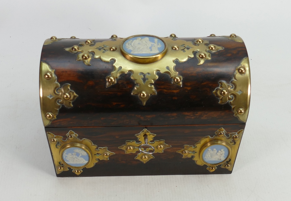 19th century Rosewood Tea caddy with brass mounts and 3 Wedgwood roundels: Lacking interior.