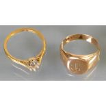 18ct gold dress ring missing stone & 14ct signet ring: 2.1g & 3.2g (14ct). Initials to signet ring.