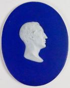 Wedgwood dark blue dipped Jasper portrait medallion of James Grahame: Scottish Author c1820, h14cm.