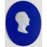 Wedgwood dark blue dipped Jasper portrait medallion of James Grahame: Scottish Author c1820, h14cm.