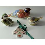 Four x Royal Crown Derby paperweights PHEASANT TREE ORNAMENT FIRECREST GREEN DUCKLING: One original