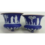 Wedgwood blue Jasper pair dipped hanging baskets: No chains, c1890, diameter 15.9cm.