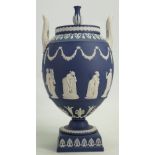 Wedgwood solid Portland blue Jasperware twin handled Urn: c1973,