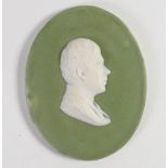 Wedgwood Sage green dipped Jasper portrait medallion of Sir Walter Scott: c1860, h9.6cm.