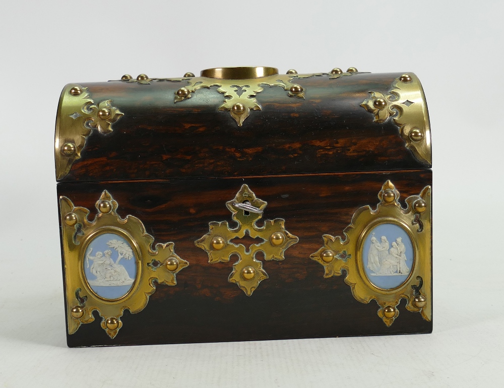 19th century Rosewood Tea caddy with brass mounts and 3 Wedgwood roundels: Lacking interior. - Image 5 of 5