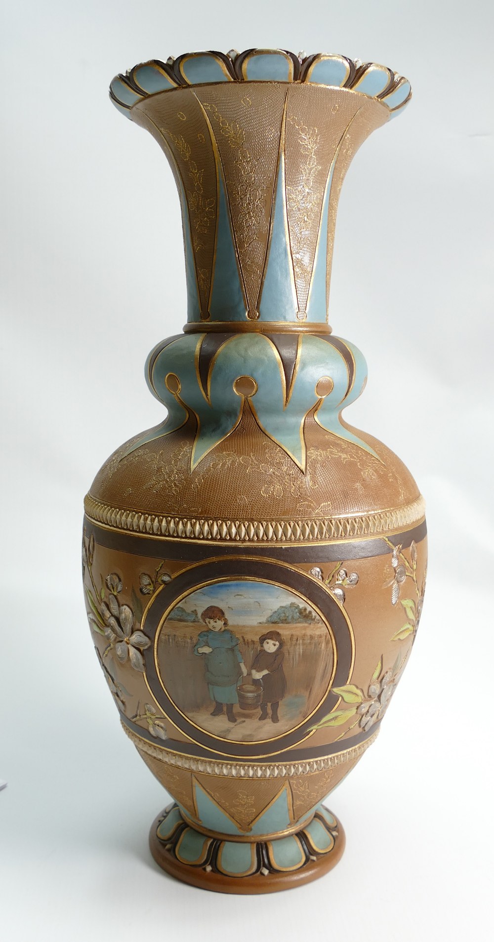 Doulton Lambeth Slaters large stoneware vase: Decorated with three hand panted panels of children - Image 4 of 4