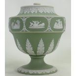 Wedgwood dipped Sage green Jasperware Urn: c1850, missing inner lid and replacement upper lid,