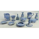 A collection of Wedgwood light blue Jasperware items: Comprising dishes, plaques,