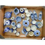 A good collection of Wedgwood Jasperware miniature items: Including - teapots, jugs, vases, shoe,