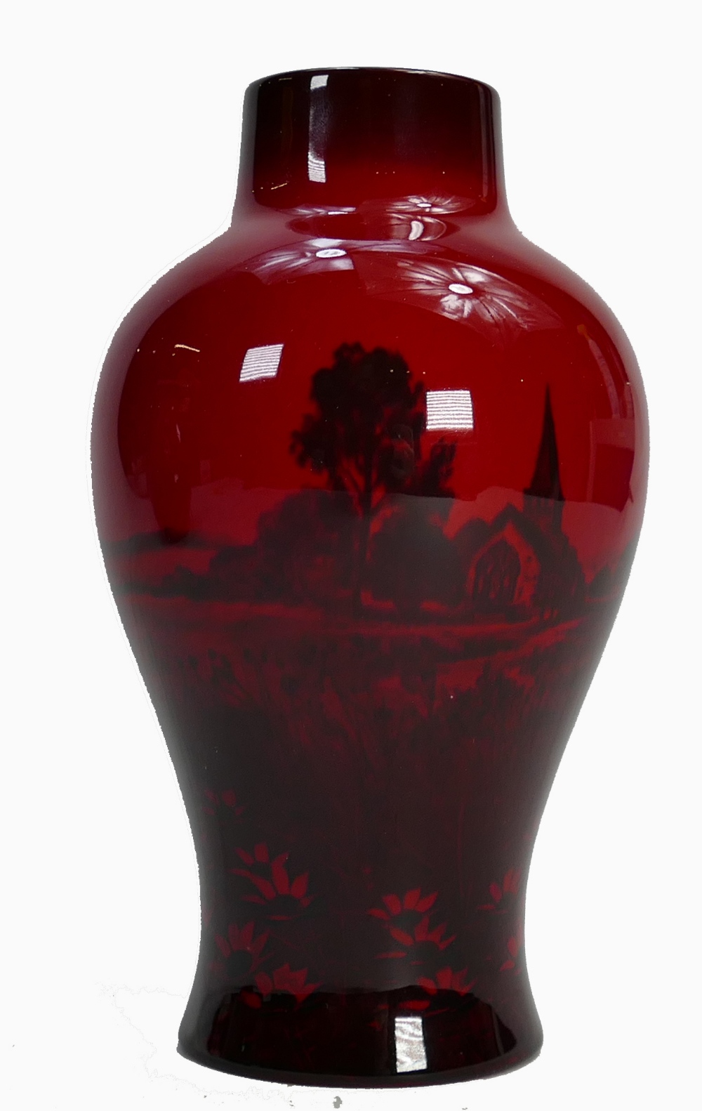 Royal Doulton Flambe vase: Decorated with church and landscape design signed Noke, height 25cm.