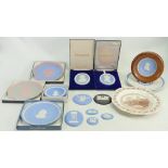 A collection of Wedgwood Jasperware items: Portrait plaques, various coloured plates etc. 15 items.
