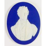 Wedgwood dark blue dipped Jasper portrait medallion of Sir Robert Peel: Facing right c1820, h10.4cm.