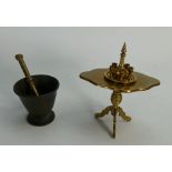 Quality vintage brass miniature Apprentice antique table: With decanter,