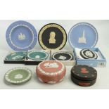 A collection of Wedgwood Jasperware: To include plates, dishes, lidded boxes, mainly boxed,