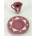 Boxed Wedgwood crimson coloured coffee can and saucer: