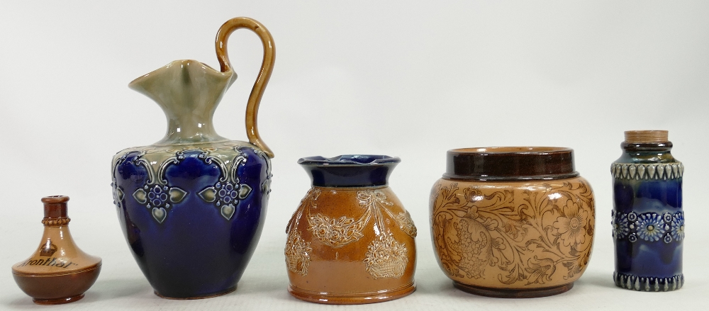 A collection of Doulton Lambeth Stoneware items: Including a ewer, small planters, vases etc.